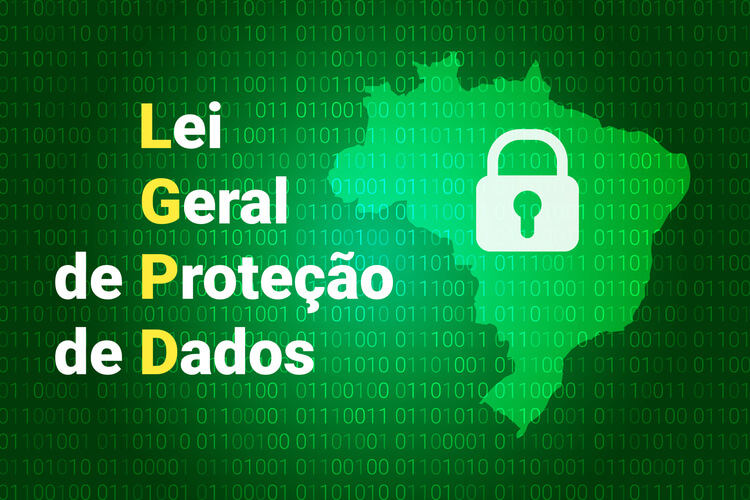Imagem digital mostrando o mapa do Brasil com um cadeado fechado em cima, do lado, o texto: "Lei Geral de Proteção de Dados"