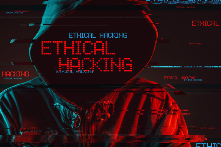 Pessoa encapuzada, em ambiente escuro, com a escrita Hacker Ético (em inglês, ethical hacking) se destaca em vermelho.