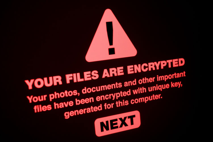 Aviso de ataque ransomware "Seus dados foram criptografados" em Inglês, com pedido de resgate.