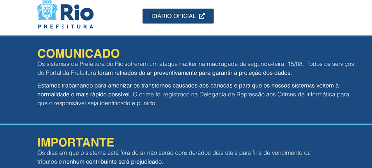 Comunicado no site da Prefeitura do Rio, comentando o caso de ransomware, um dos principais ataques cibernéticos.